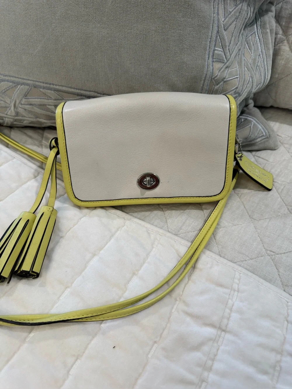 Coach Cream Crossbody Bag with Yellow Trim and Tassel